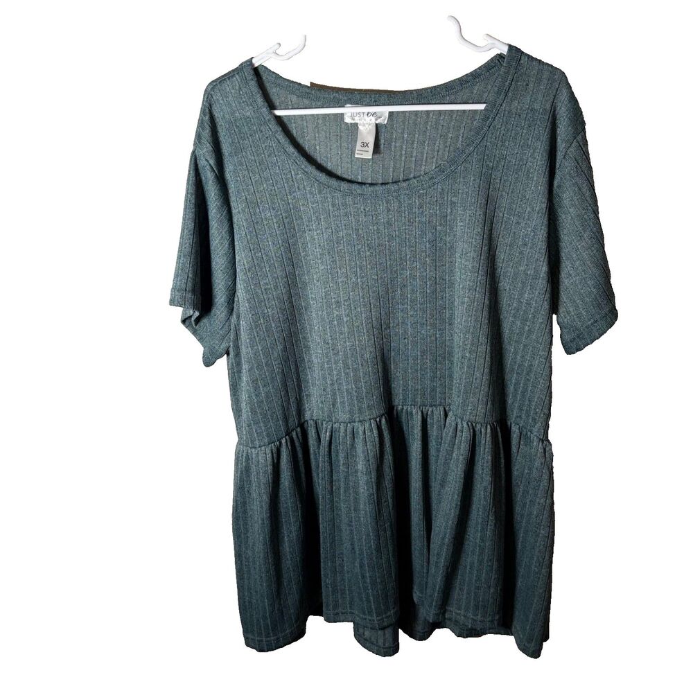 Just Be Blouse Women's 3X Green Ribbed Short Sleeve Round Neck Shirt Top